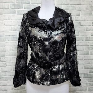 Elite Champagne Ladies 10 Church Jacket Black Velveteen Silver Sequin NYE Formal